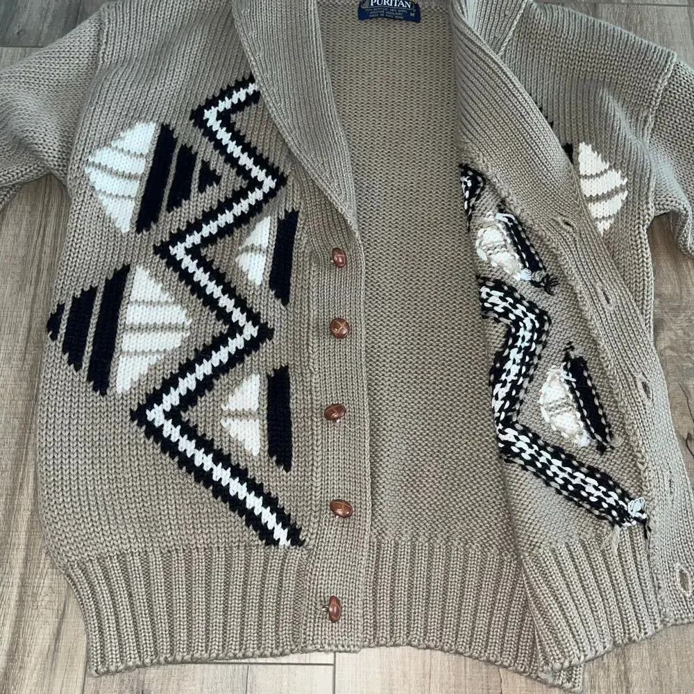 Vintage Puritan Men's Wool Blend Shawl Collar Cardigan Sweater M Aztec Western